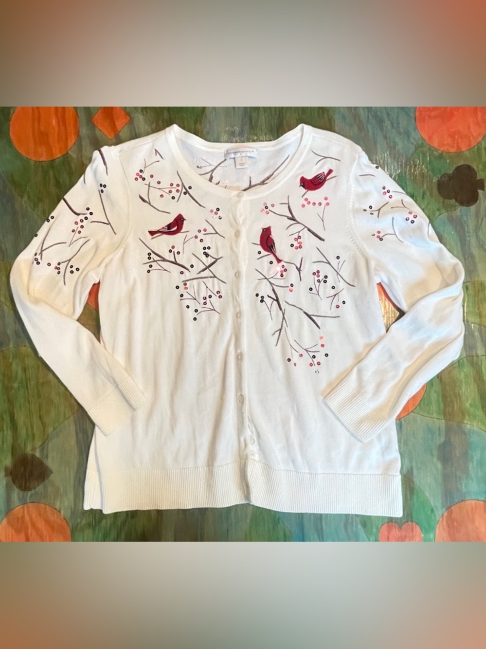 Christopher & Banks Womans Red Embroidered Cardigan Cardinals Birds Size Large
